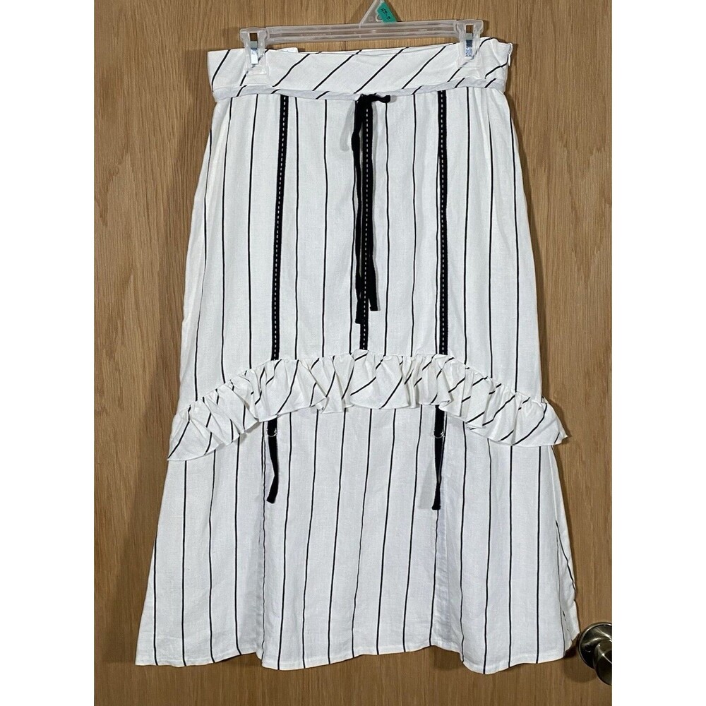 Women's Sz 4 Linen Skirt White Black Pinstripe Steampunk CottageCore FairyGrunge